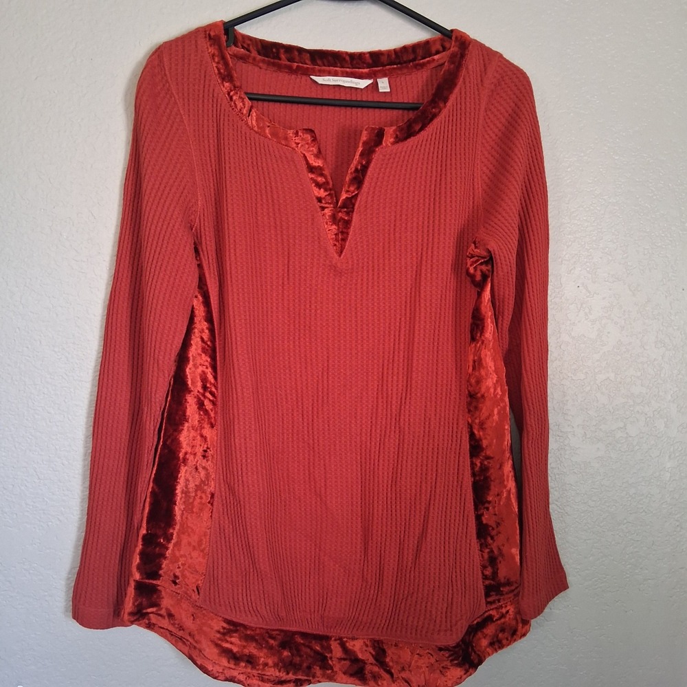 Soft Surroundings Waffle Knit Top Womens S Red Velvet Trim V-Neck Mixed Media